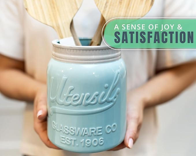 Comfify Wide Mouth Mason Jar Utensil Holder Decorative Kitchenware Organizer Crock, Dishwasher Safe - Kitchen Caddy Aqua Blue for Countertop, Large Size 7" Hight