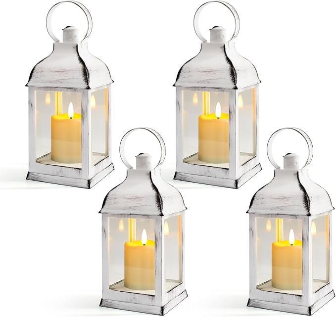 White Vintage Lantern Decorative LED Flickering Flameless Candle with Timer, Battery Powered LED Decorative Hanging Lanterns for Indoor Outdoor Wedding Garden Yard Home Decor(4 Pack)