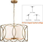 HYDELITE Brass Drum Pendant Light Drum Chandelier 3-Light Dining Table Fixture with White Linen Diffuser