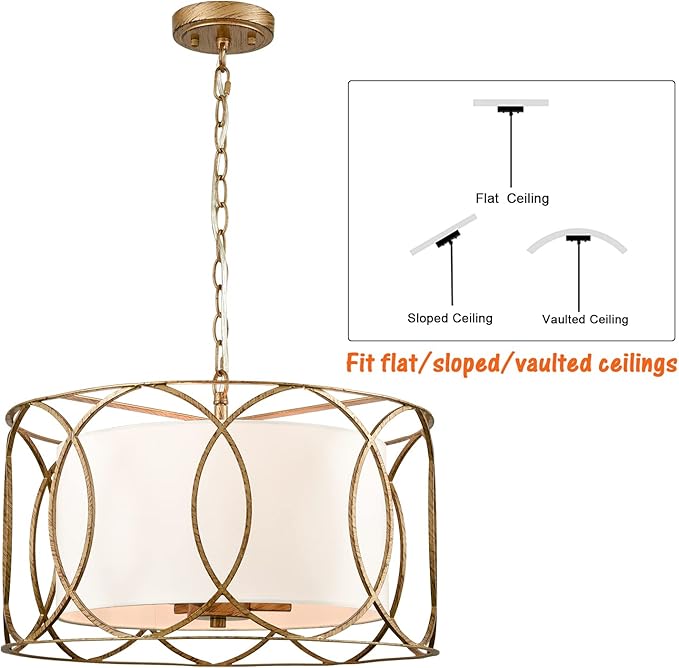 HYDELITE Brass Drum Pendant Light Drum Chandelier 3-Light Dining Table Fixture with White Linen Diffuser