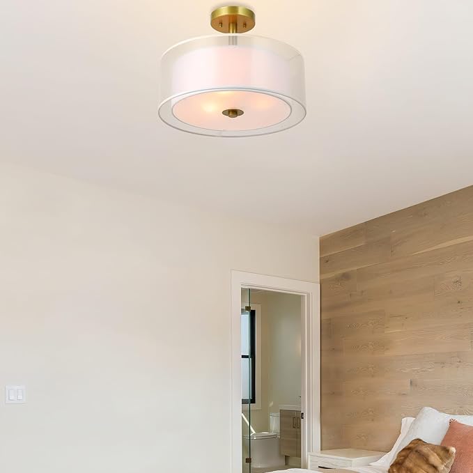 XiNBEi Lighting Drum Semi Flush Mount Ceiling Light, 3 Light Semi Flush Light, 16" Close to Ceiling Light with Fabric Shade Gold Brass Finish for Living Room & Bedroom XB-SF1194-GB
