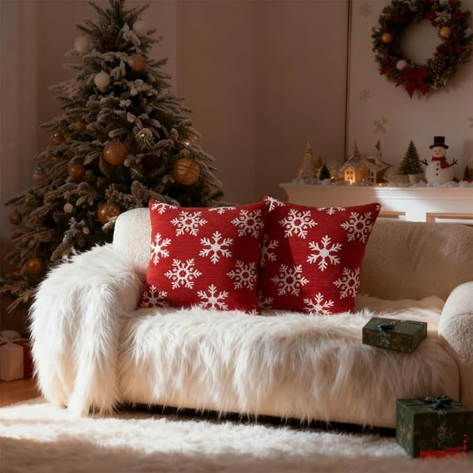 2 Pack Christmas Pillow Covers 18x18, Chenille Double-Sided Snowflake & Christmas Tree Decorative Throw Pillow Cases, Soft Farmhouse Holiday Cushion Covers for Sofa Couch Bed(Red,18x18)