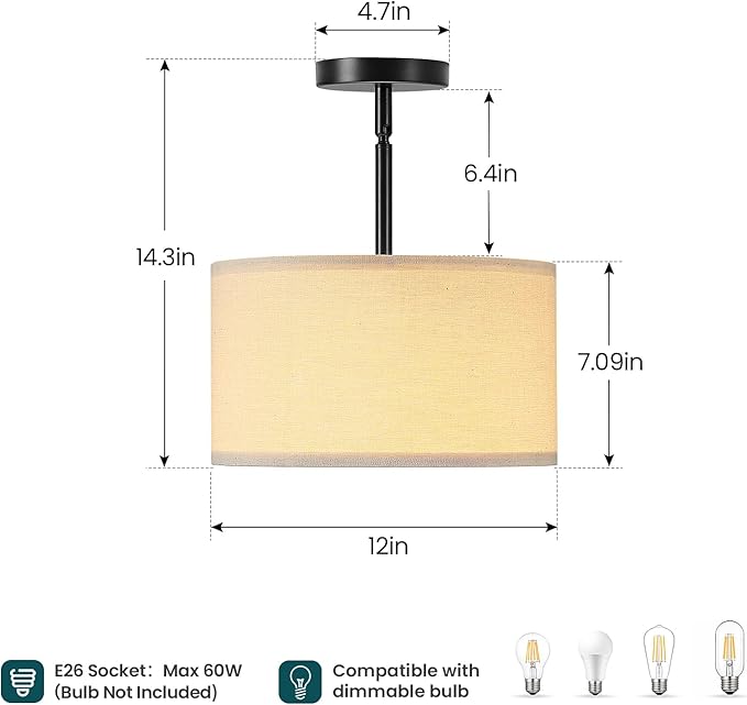 Semi Flush Mount Ceiling Light Fixture, 12'' Drum Chandelier with Classic Fabric Linen Shade, Modern Close to Ceiling Light for Bedroom, Hallway, Dining Room and Kitchen