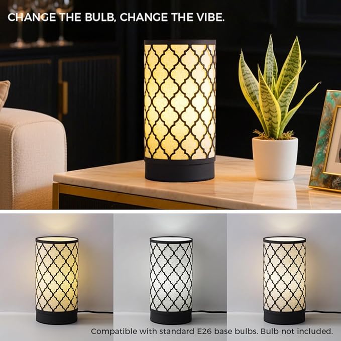 Cerdeco Small Table Lamp with Two-Tier Linen Shade and Black Metal Floral Cut-Out Pattern,Bedside Lamp,Easy Intallation,E26 Socket Lamp(Bulb is not Included), Desk Lamp for Bedroom,Living Room,Home