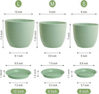 WOUSIWER Plant Pots 10/9/8 inch, Set of 3 Modern Decorative Plastic Planters with Drainage Holes and Saucers for House Plants Indoor Flowers Plants, Green
