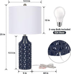 Modern Ceramic Table Lamp, Set of 2 - Navy Blue with Diamond Protrusions Texture, 25'' Nightstand Lamp for Bedroom Living Room, 3-Way Dimmable Included