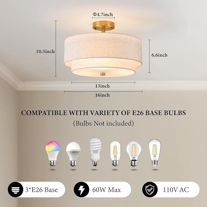 3-Light Semi Flush Mount Ceiling Light,16" Close to Ceiling Light Fixtures with Farmhouse Fabric Linen Shade, Double Drum Gold Flush Mount Ceiling Light for Bedroom Living Room Kitchen Dining Room
