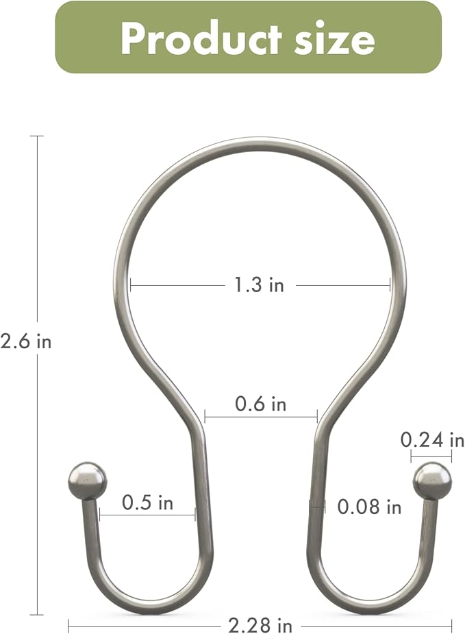 AmazerBath Shower Curtain Hooks Brushed Nickel Shower Curtain Rings, Simple Double Hook Shower Curtain Hooks Rust Proof, Smooth Glide Metal Shower Hooks for Shower Curtain, 12Pcs Shower Rod Hooks