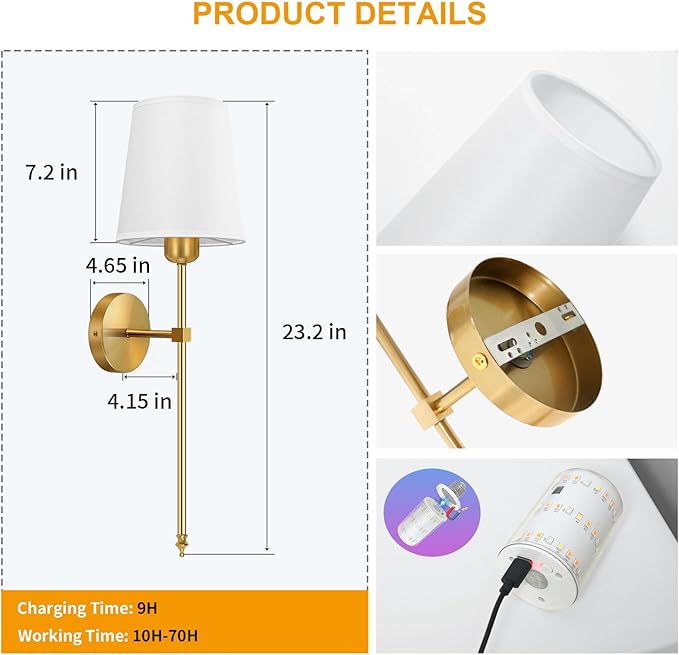 Auzev Battery Operated Wall Sconces Set of 2, Wall Lights for Living Room, Cordless Sconce Wall Decor Battery Powered Rechargeable Bedroom Wall Lamps with Remote Dimmable Sconce Lights No Wiring