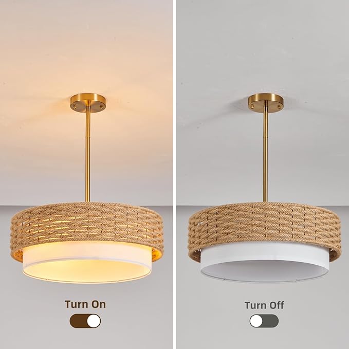 Large Coastal Boho Pendant Lights, 18.9in Woven Rattan Lighting Fixture, 2-Tier Rope Chandelier with Fabric Shade for Kitchen Island, Living Room, Dining Room, Bedroom, Restaurant