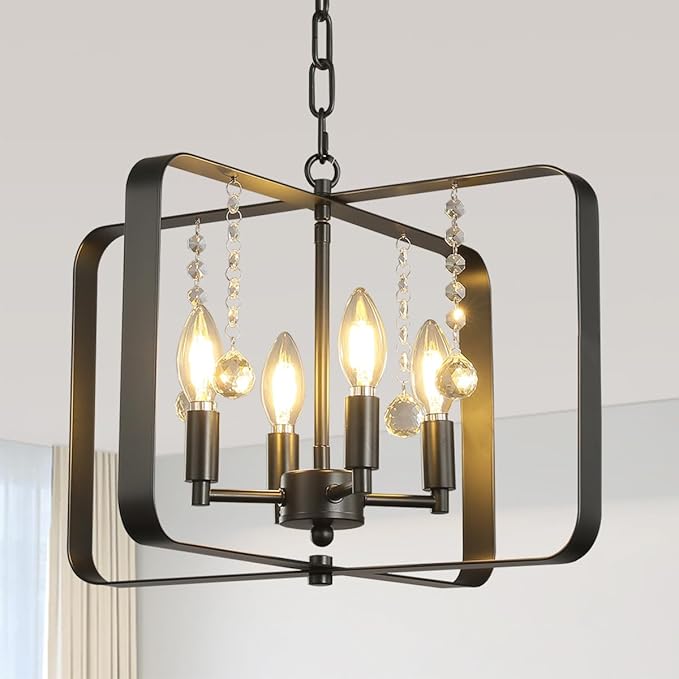 Farmhouse Crystal Chandelier,18 Inch Modern Geometric Rustic Vintage Hanging Pendant Ceiling Light Fixture for Dining Room Bedroom Kitchen Island Hallway Foyer Entryway