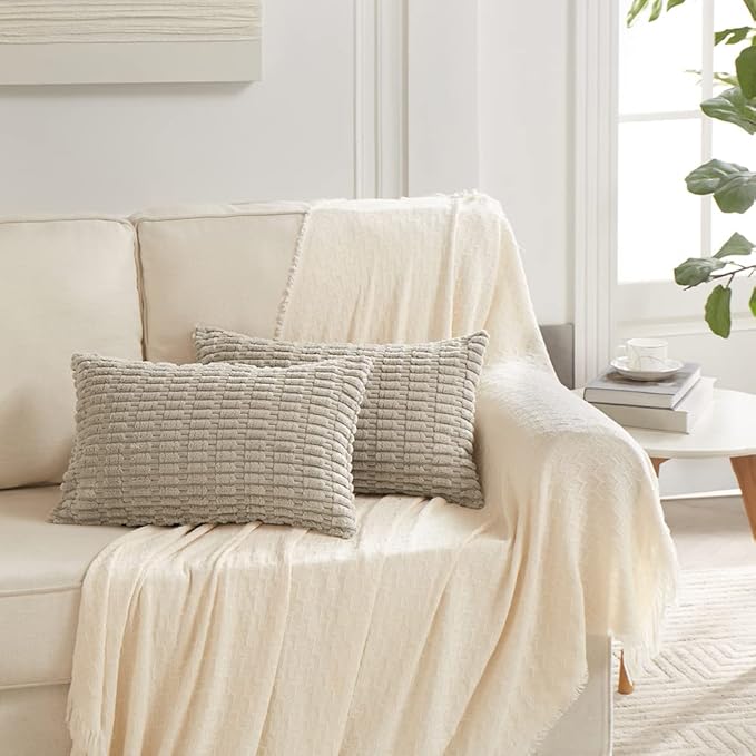 Fancy Homi Taupe Decorative Throw Pillow Covers 14x24 Inch for Living Room Couch Bed Sofa, Rustic Farmhouse Boho Home Decor, Soft Striped Corduroy Square Cushion Case 35x60 cm