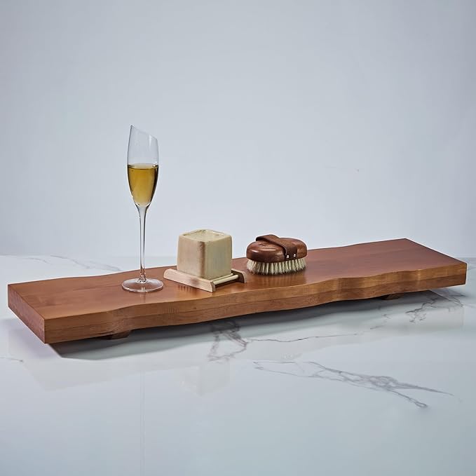 Wood Bathtub Caddy Tray, Anti-Slip Premium Wood Bathtub Tray, Waterproof Rectangle Bath Table with Waved Edge, Sturdy Organic Bath Board for Bathroom