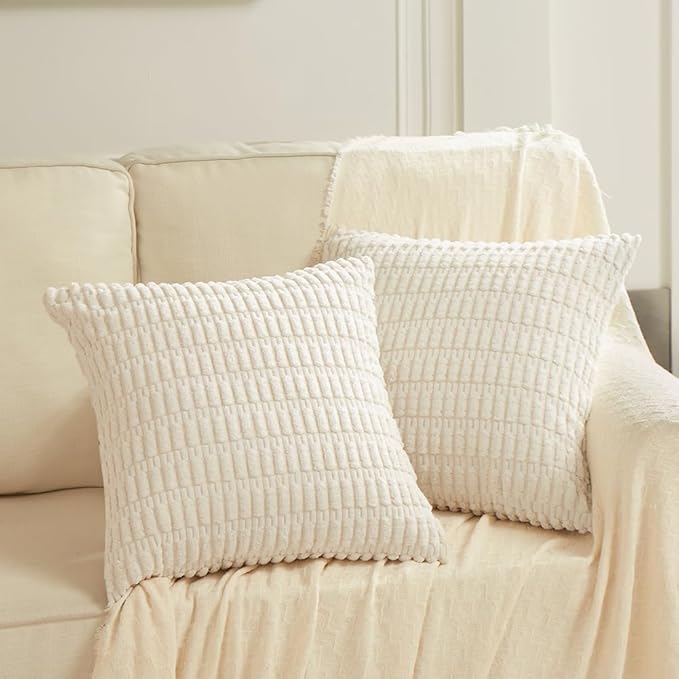Fancy Homi 24x24 Pillow Covers, Cream White Throw Pillow Covers with Stripe Pattern, Super Soft Corduroy Square Solid Cushion Cover for Couch Sofa Bedroom Living Room 60x60 cm