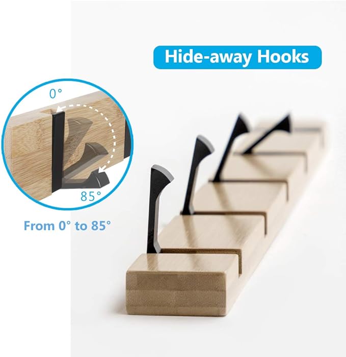 JSVER Wooden Coat Hooks Coat Rack Wall Mounted, Modern Coat Rack, Space-Saving Coat Hook with 4 Standard Retractable Hooks Hat Coat Hook for Entryway, Hallway, Bathroom, Living Room, Bedroom