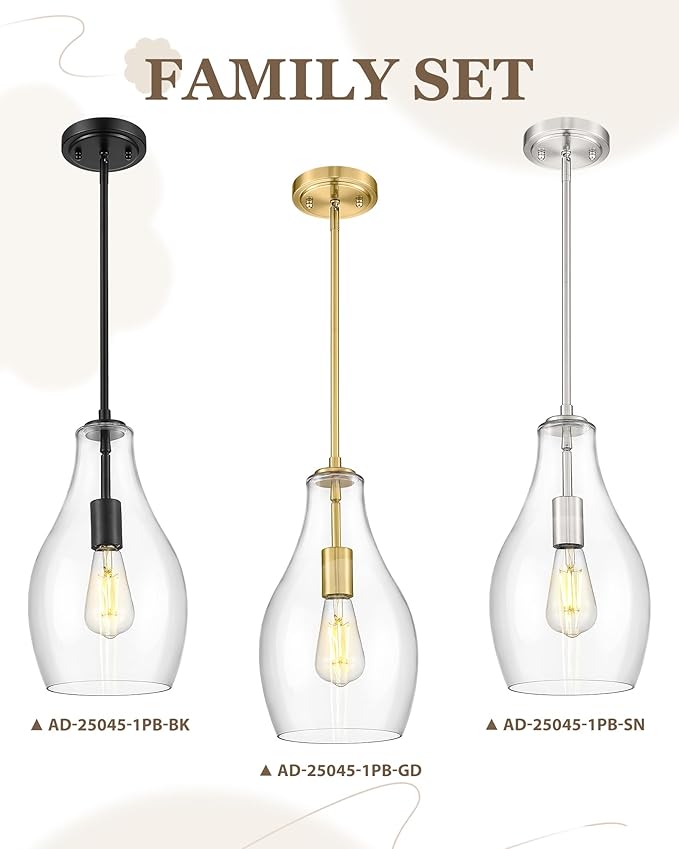 2-Pack Pendant Lights Kitchen Island, 8" Brushed Nickel Hanging Light Fixtures with Clear Glass Shade, Modern Large Kitchen Pendant Lighting Over Island for Dining Room, AD-25045-2PB-SN