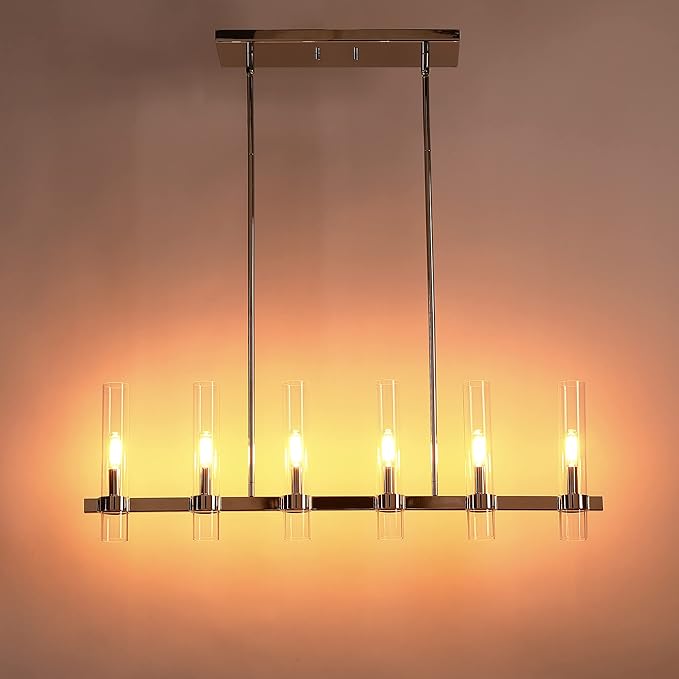 Untrammelife Polished Nickel Linear 6-Light Chandelier with Glass Shades, 36-inch Adjustable Height Modern Pendant Lighting for Kitchen Island & Dining Room, Dimmable Indoor Hanging Light Fixture