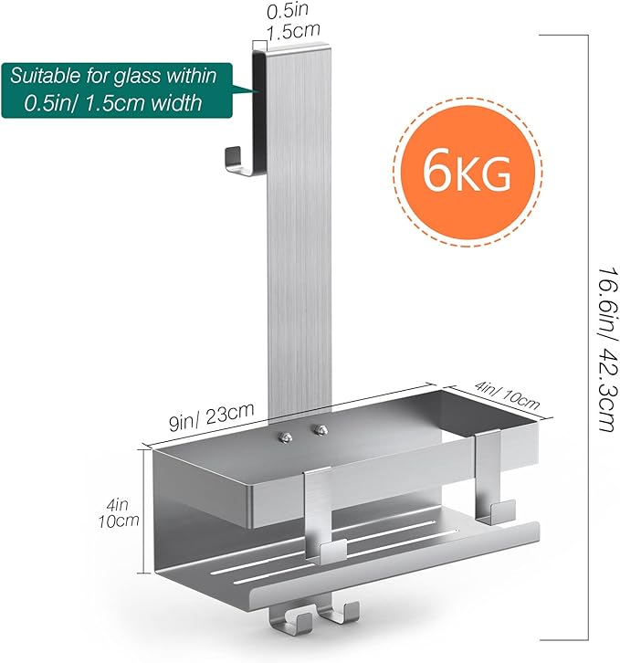 Emibele Over The Door Shower Caddy, 304 Stainless Steel Hanging Shower Caddy Rustproof Shower Shelves,No Drilling Hanging Shower Organizer for Bathroom Glass Door Up to 1.5cm,Basket: 23×10×10cm,Silver