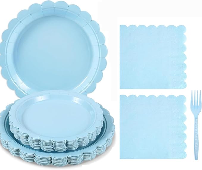 Sky Blue Disposable Dinnerware Set for 16 – 69 Pieces Party Plates, Napkins, Tablecloth & Forks – Elegant Flower Edge Design for Wedding, Picnic, Outdoor or Themed Events