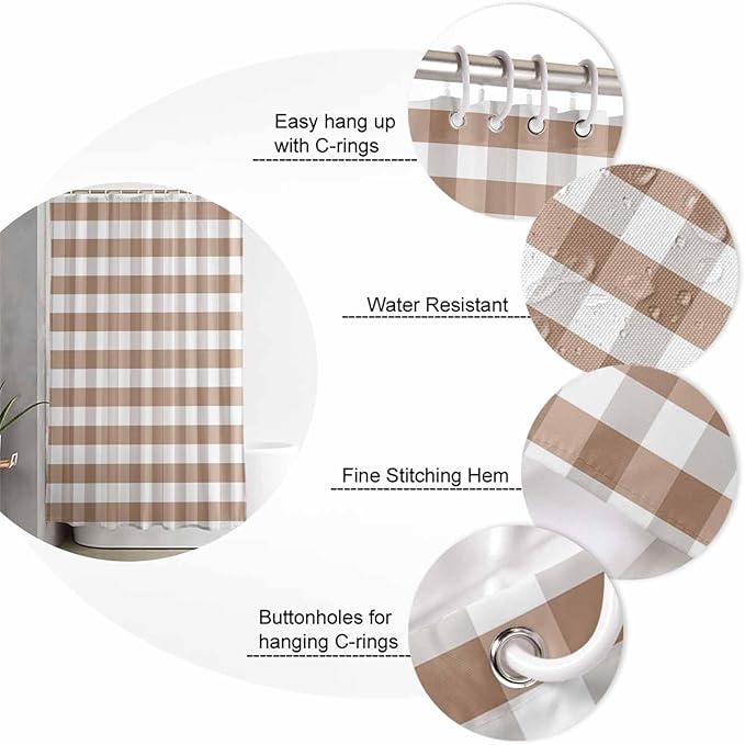 Vandarllin Rustic Brown White Buffalo Check Plaid Pattern Shower Curtain, Farmhouse Shower Curtains Set with Hooks, Waterproof Fabric Bathroom Curtains Decor Home Accessories,72 X 78 Inch Long