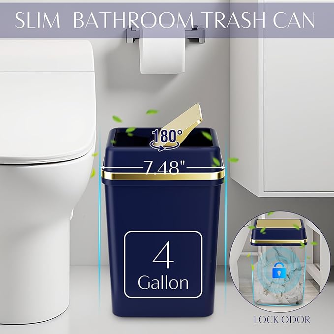 9PCS Bathroom Accessory Set, Navy Blue Bathroom Set with Large-Capacity 4 Gallon Trash Can, Bathroom Accessories Set Complete Toothbrush Holder, Soap Dispenser, Toilet Brush, Bathroom Decor