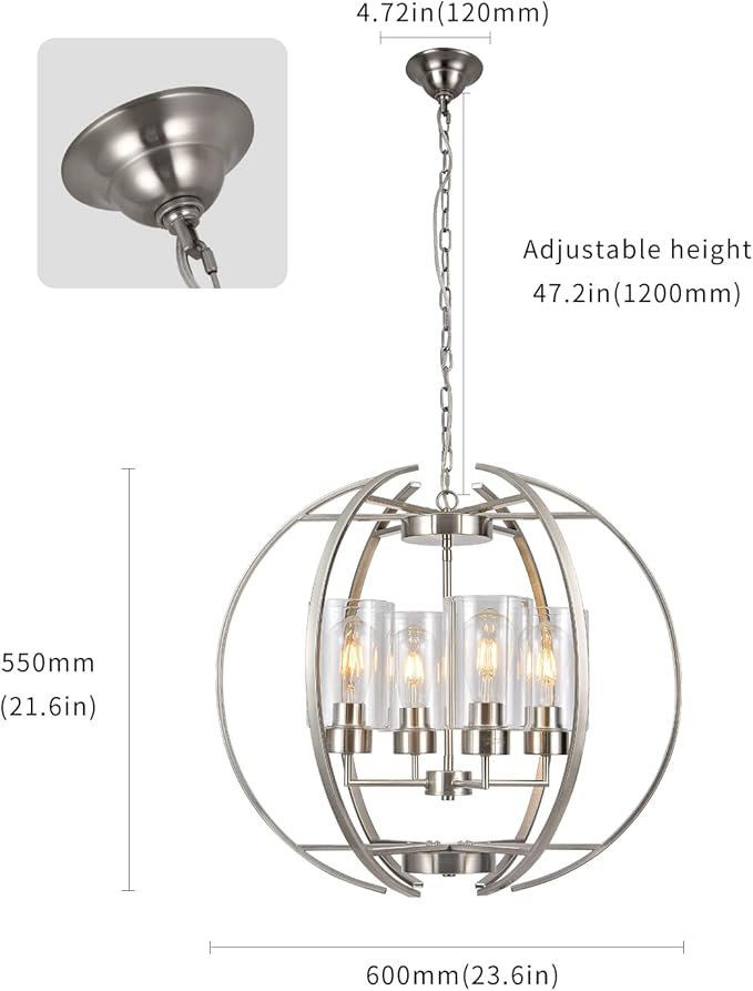 Brushed Nickel Chandelier Globe 24" Dining Room Lighting Fixtures Ceiling Hanging Pendant Lighting with Clear Glass Shades Modern Farmhouse Chandeliers for Foyer Bedroom Kitchen Living E26