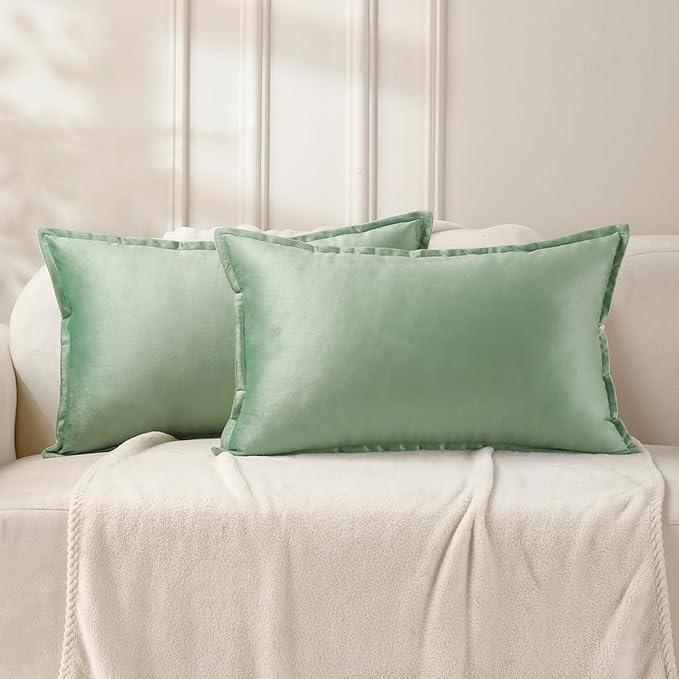 VAKADO Throw Pillow Covers 12x20 Set of 2 Sage Green Velvet Decor Decorative Couch Cushion Euro Pillowcases with Fringe Home Bed Decoration for Sofa Bedroom Office