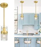 LMS Gold Pendant Light, 1-Light Pendant Lighting for Kitchen Island with Hammered Glass, LMS-171