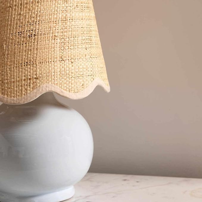 BoutiqueRugs Navarro Boho Ceramic Bedside Table Lamp for Bedroom Nightstand and Living Room - Shade Rattan - Blue, Beige - 13" H