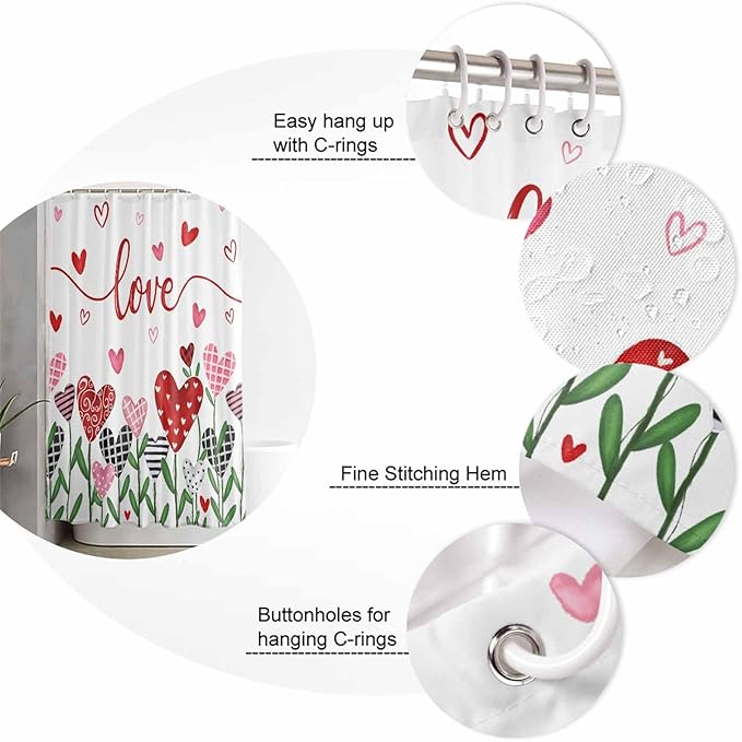 Vandarllin Valentine's Day Shower Curtain, Pink Red Love Shower Curtains Set with Hooks, Romantic Heart Leaves Waterproof Fabric Bathroom Curtains Decor Home Accessories,66 X 72 Inch Long