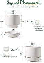 LE TAUCI Large 14 Inch Plant Pot with Saucer | Ceramic Outdoor & Indoor Big Planter Pot | Drainage Hole, Mesh Pad & Plug | Unglazed Porous | Modern Minimalist for Home and Patio – Chalk White