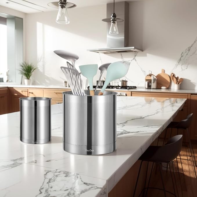 KSENDALO Utensil Crock Set, 6.6inch Cooking Utensil Holder Stainless Steel Container for Kitchen Counter,Metal Kitchen Spoon Spatula Cutlery Tool Holder Organizer, Silver (3 Pack)