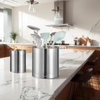 KSENDALO Cooking Utensil Holder for Kitchen Counter, 6.6inch Metal Utensil Crock Stainless Steel Utensil Holder Container Canister Spatula Spoon Caddy Organizer-Brushed- Heavy Base, Silver