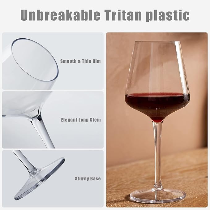 MICHLEY Floating Wine Glasses for Pool 15 OZ Unbreakable Tritan Plastic Stemmed Red Wine Glasses Ideal for Beach Bar Camping Dishwasher Safe, Set of 4