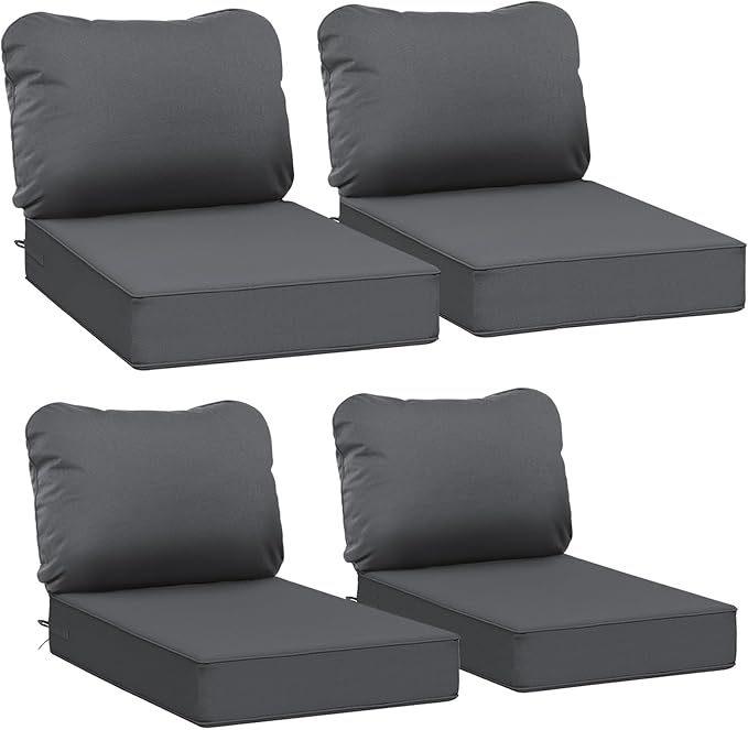 AAAAAcessories Outdoor Deep Seat Cushions, Waterproof, Fade-Resistant Patio Furniture Replacement Cushions, 23.5" x 25.5" x 5" + 23.5" x 19", Set of 4, Dark Gray