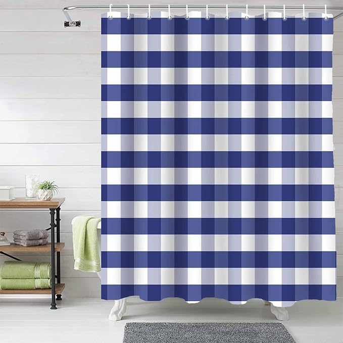 Vandarllin Rustic Navy Blue White Buffalo Check Plaid Pattern Shower Curtain, Farmhouse Shower Curtains Set with Hooks, Waterproof Fabric Bathroom Curtains Decor Home Accessories,Stall 36 X 72 Inch