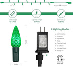 WATERGLIDE C6 Christmas Lights, 33ft 100 LED Faceted String Lights Green Wire Fairy Lights with Safe Adaptor, 8 Lighting Mode, Waterproof for Indoor Outdoor Patio Xmas Tree Party Decor, Red & Green