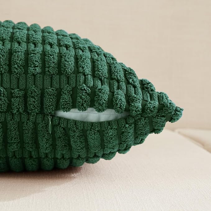 Fancy Homi Boho Dark Green Decorative Throw Pillow Covers 12x24 Inch for Couch Bed Sofa, Rustic Modern Farmhouse Home Decor, Soft Plush Corduroy Cute Square Cushion Case 30x60 cm