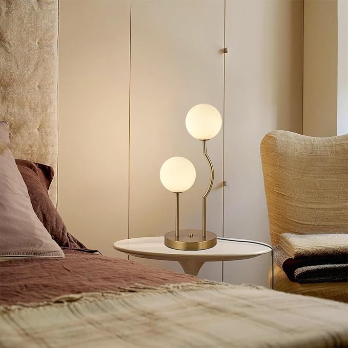 Mid Century Gold Globe Table Lamp 2-Light Orb Modern Beside Desk Table Light with Milk White Glass Shade Metal Base Nightstand Lamp for Bedroom Bedside