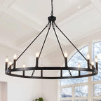 Black Wagon Wheel Chandelier 12-Light Farmhouse Chandelier for Living Room 38" Round Rustic Industrial Hanging Light Fixture for Dining Room Foyer Hallway Kitchen Island