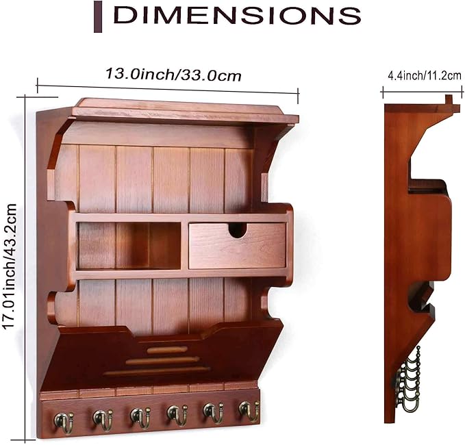 Key Holder for Wall, Mail and Key Holder, Mail Organizer Wall Mount with Storage Drawer and 6 Hooks, Easy Installation Key Rack for Entryway and Home Decor, Luxury Auburn