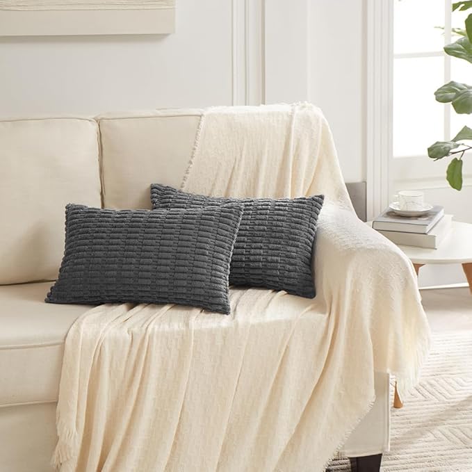Fancy Homi Dark Grey Decorative Throw Pillow Covers 12x20 Inch for Living Room Couch Bed Sofa, Rustic Farmhouse Boho Home Decor, Soft Striped Corduroy Square Cushion Case 30x50 cm