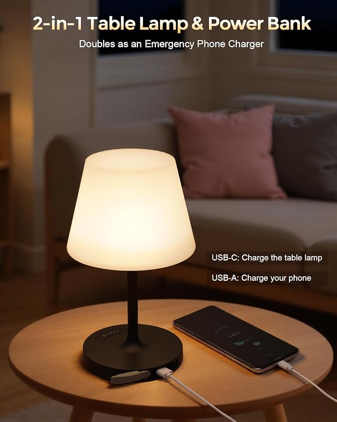 Outdoor Battery Operated Table Lamp, IP54 Waterproof Shower Lamp, 4000mAh Rechargeable Cordless Lamp, 3 Color Temperatures Dimmable, Small Touch Table Lamp for Bedroom, Patio, Camping, Restaurant