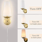 Modern Gold Wall Sconces Set of Two Linen Shade Plug in or Hardwire Wall Light Fixture for Bedroom, Living Room, Dining Room, Entryway