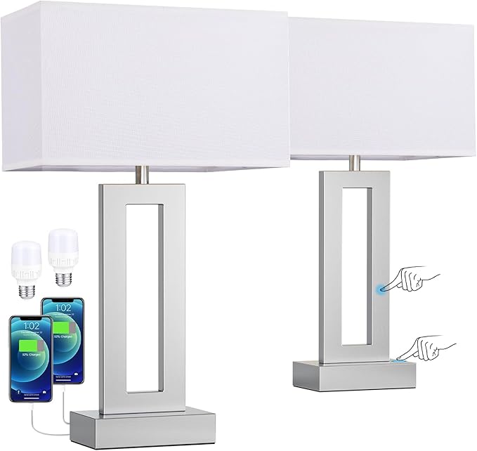 Nightstand Table Lamps for Bedrooms Set of 2 - Touch Bedside Lamp with USB C+A, 3 Way Dimmable Living Room Lamps for End Tables Set of 2, Modern Night Stand Lamps for Bed Side(White&Silver)