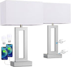 Nightstand Table Lamps for Bedrooms Set of 2 - Touch Bedside Lamp with USB C+A, 3 Way Dimmable Living Room Lamps for End Tables Set of 2, Modern Night Stand Lamps for Bed Side(White&Silver)