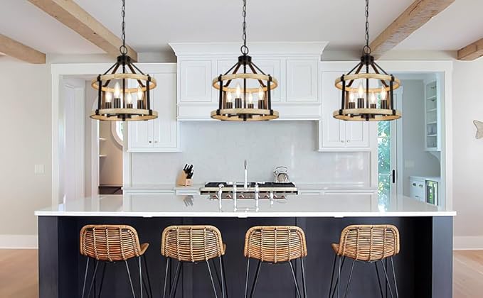 4-Light Farmhouse Chandelier, 12.5 Inch Rustic Black and Vintage Wood Finish Chandeliers for Dining Room Light Fixture, Adjustable Height Hanging Light for Kitchen Island, Entryway, Indoor