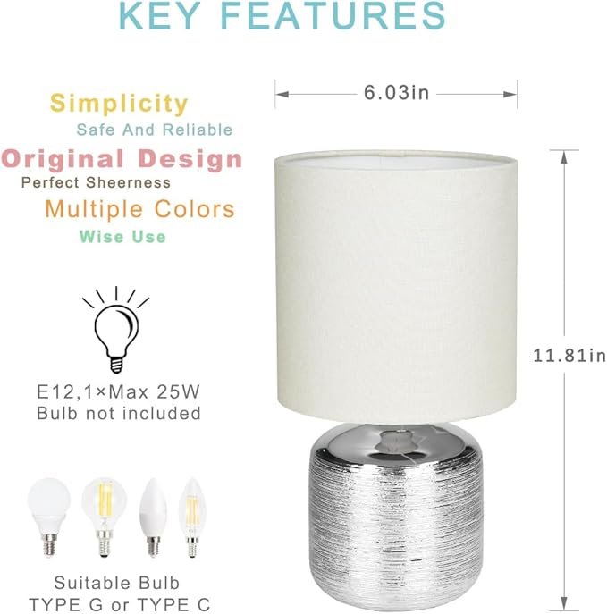 Lampwell Beno Small Table Lamp for Living Room as Bedside Table Lamp for Bedroom,Modern Ceramic Table Lamp,Kids Table Lamp,Night Table Lamp,Φ6.3×H11.81IN,Bulb Excluded,Grey Chrome Table Lamp