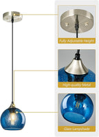 Blue Glass Pendant Lights Kitchen Island Lighting Globe Pendant Light Fixtures Modern Pendant Lighting for Kitchen Island Bedroom Living Dining Room Light Fixture(5.9in, 3-Pack)