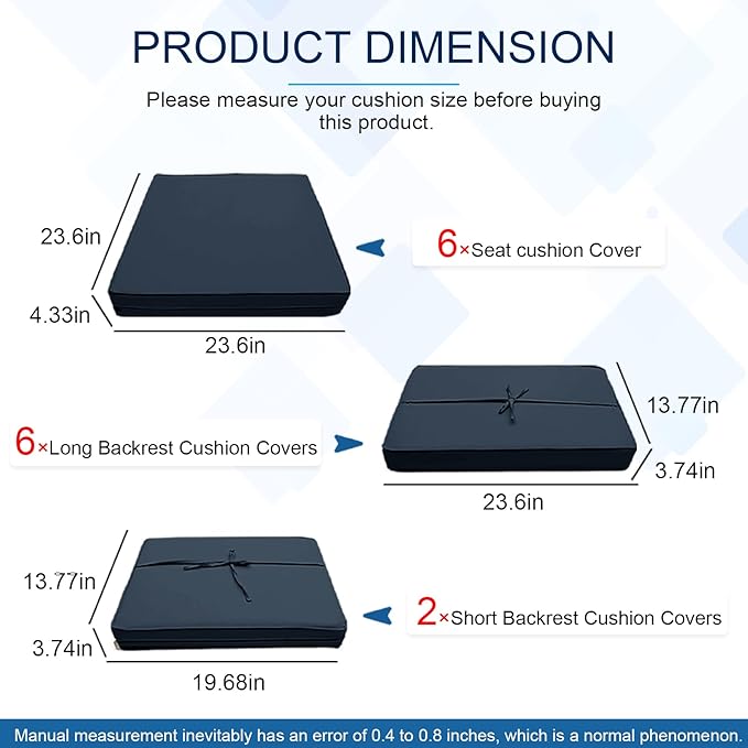 14 PCs Patio Cushion Covers for 7 PCs Outdoor Furniture Sectional Seating Sets Water Resistant Plus 2 Throw Pillows (Blue, 23.6(L)*23.6(W)*4.33(T) inches)